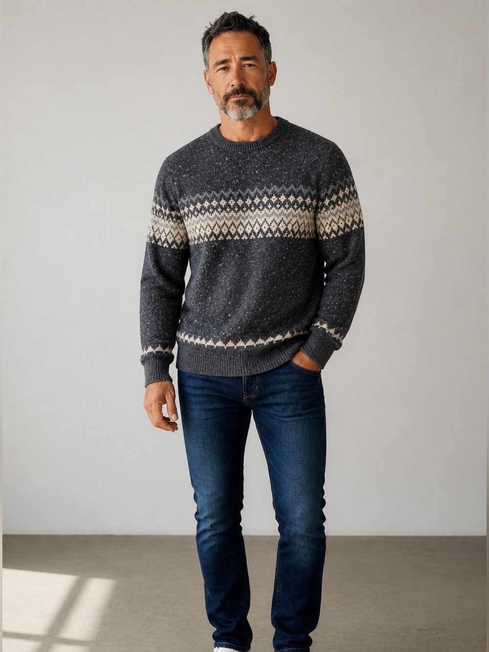 Tommy Hilfiger Wool Blend  Dark Gray Crewneck Fair Isle Sweater